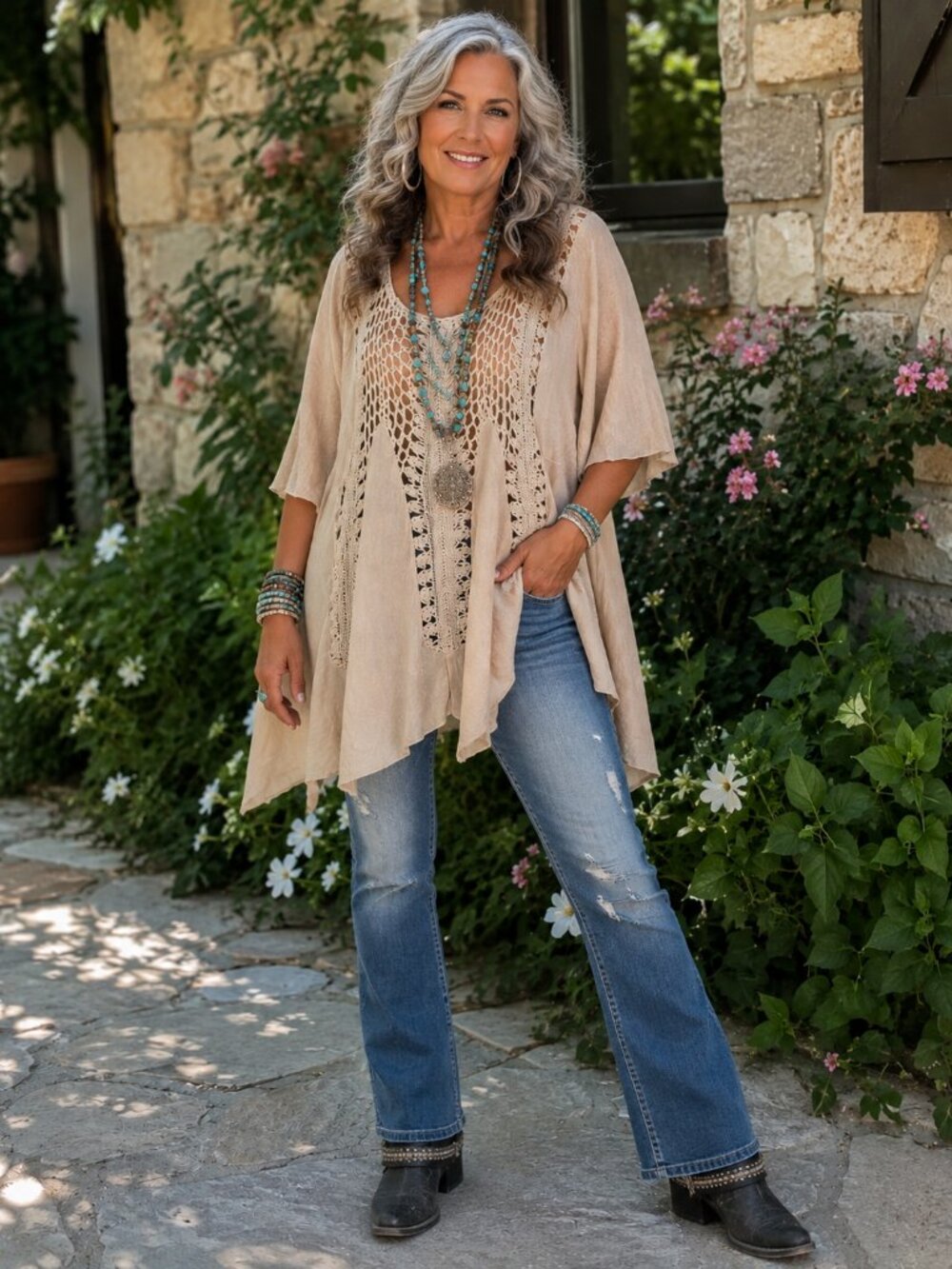 CUPSHE Short Flowy Sleeve Square Neck Cream w/Macrame Details Flowy Tunic NWOT L
